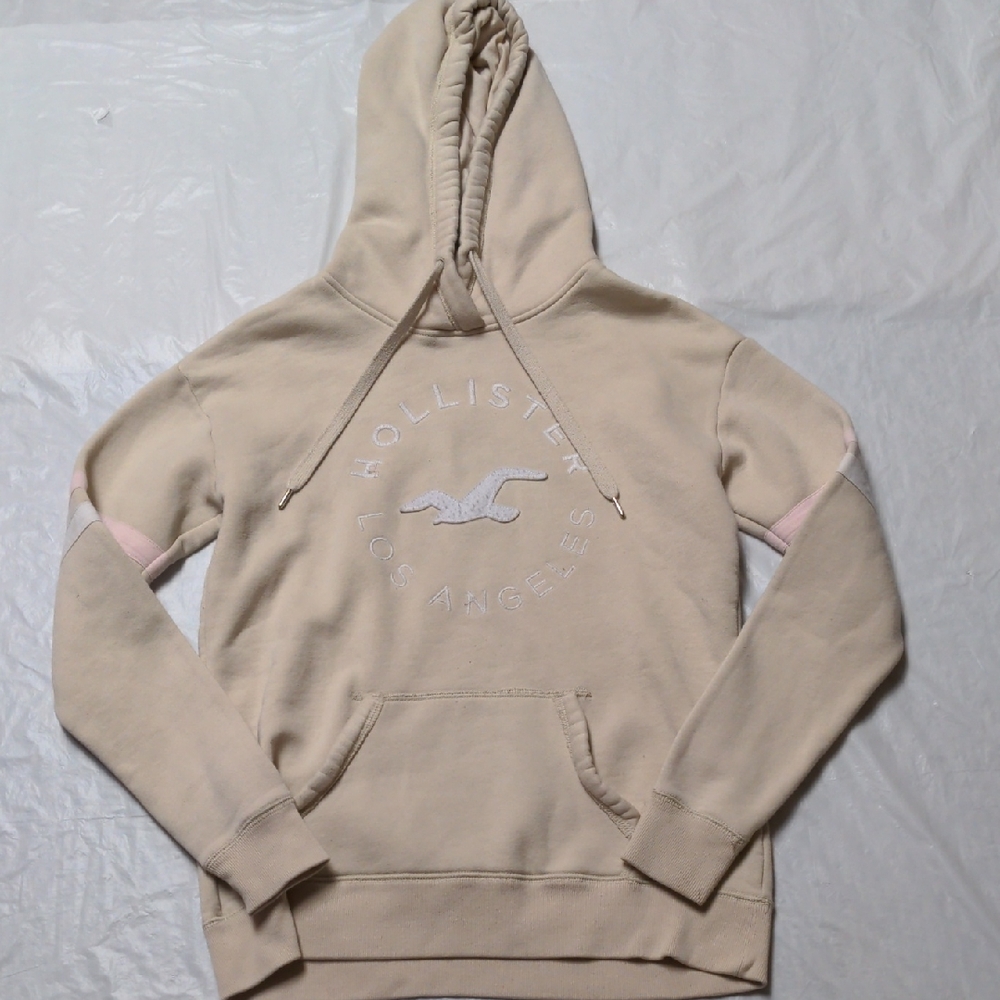 Hollister Vintage Y2K Cream Neutral Logo Hoodie Hooded Sweatshirt Size S